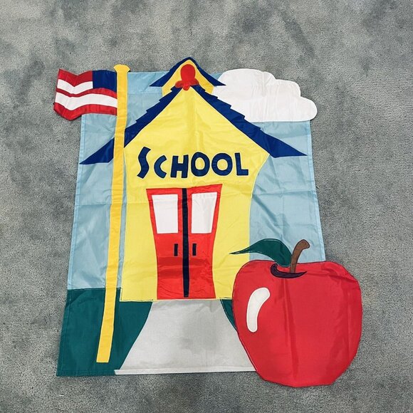 School House Gold Flag Pole Large House Garden Red Door 38" x 31" - Picture 2 of 4